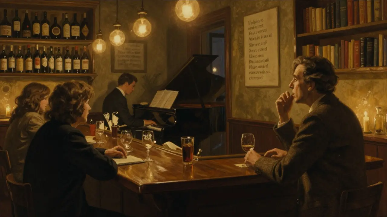 Cozy interior of Bar Basso Brera with patrons sipping amari, a pianist playing softly under warm lamplight.