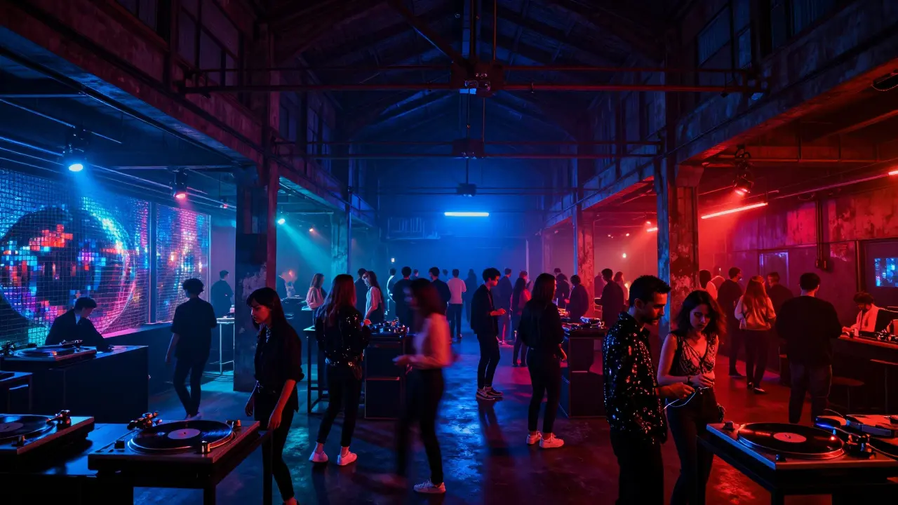 Dancers moving under colorful neon lights in a sprawling warehouse club with three distinct music zones, filled with stylish locals.