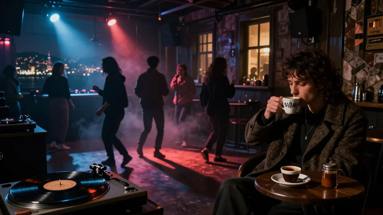 Dim nightclub interior with dancers moving to heavy bass, one person drinking coffee at 3 a.m.