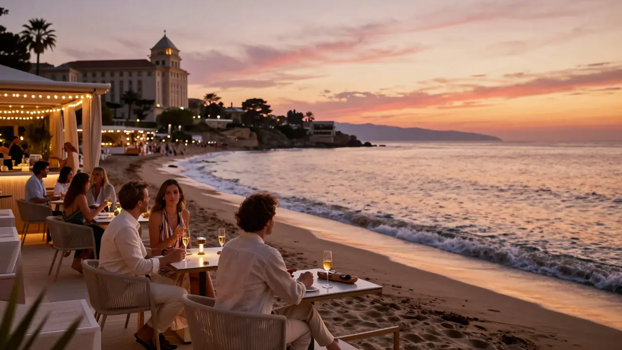 Elegant guests sipping champagne at Le Plage beach club at sunset