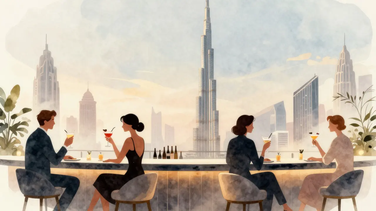 Elegant patrons at Sky Views Lounge rooftop bar with city views