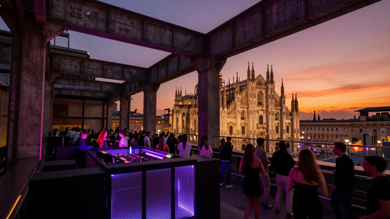 Fabrica nightclub rooftop terrace at sunset overlooking Milan's Duomo with dancing crowd.