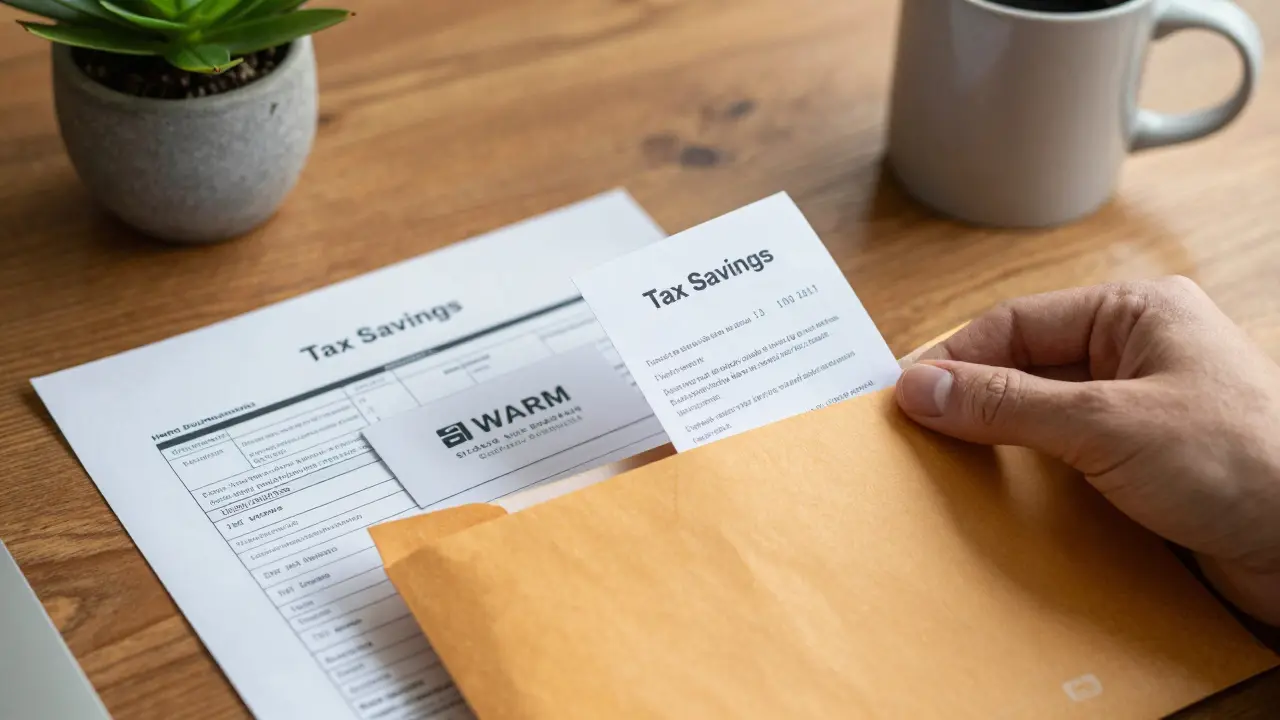 Hand placing payment receipts into a tax savings envelope with boundaries list and therapist card on a desk.