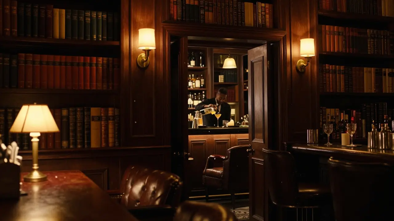 Hidden speakeasy bar with bookshelf entrance, dim lighting, and vintage interior.