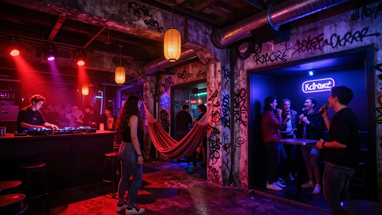 Industrial nightclub with three distinct areas: techno dance floor, hammock lounge, and secret karaoke booth.