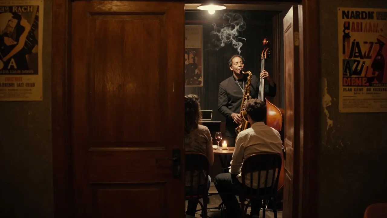 Intimate jazz club interior with candlelight, a saxophonist playing, and listeners lost in music, no phones or flash.