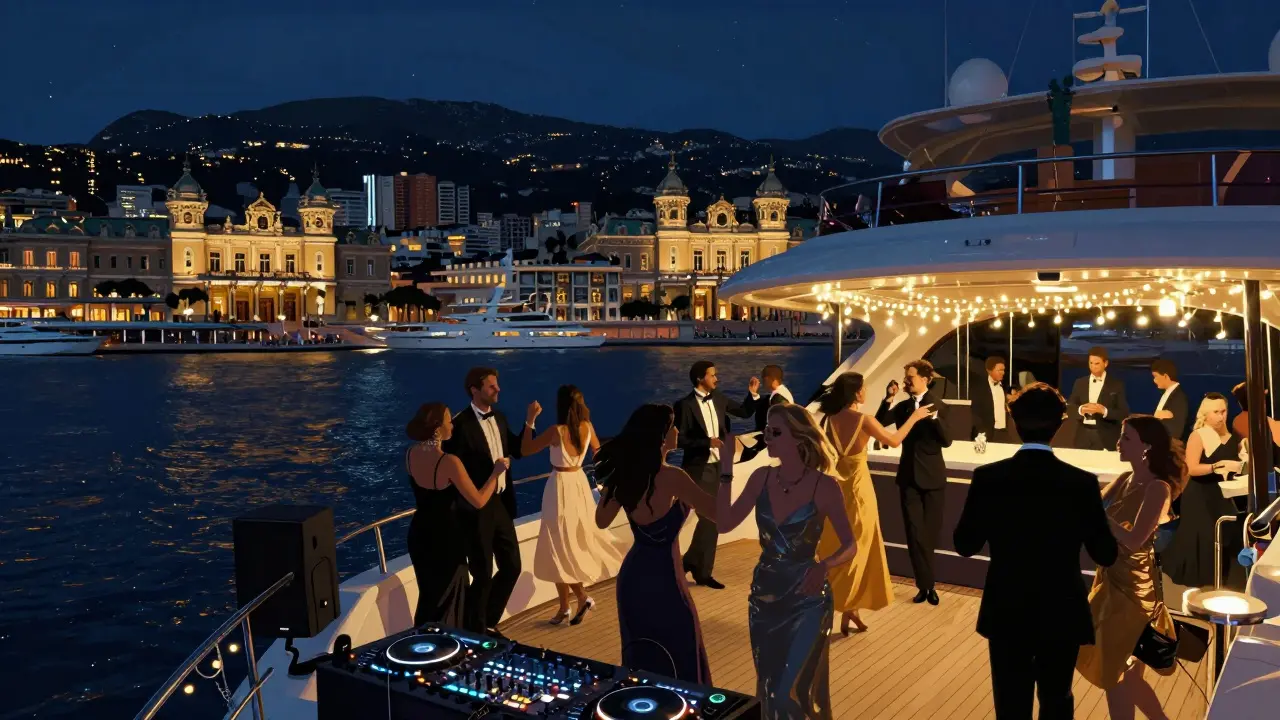 Luxury yacht party on Monaco harbor with DJ and city skyline