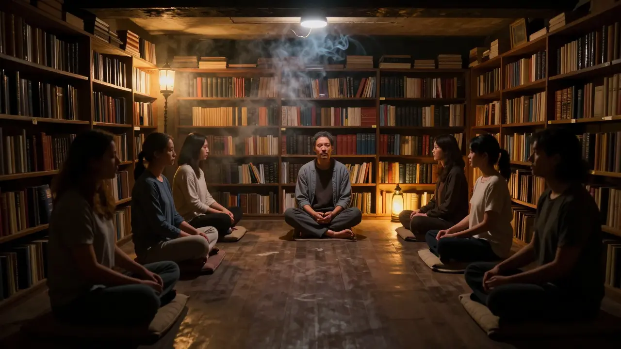 People meditating in a dim basement with incense smoke and soft lantern light.