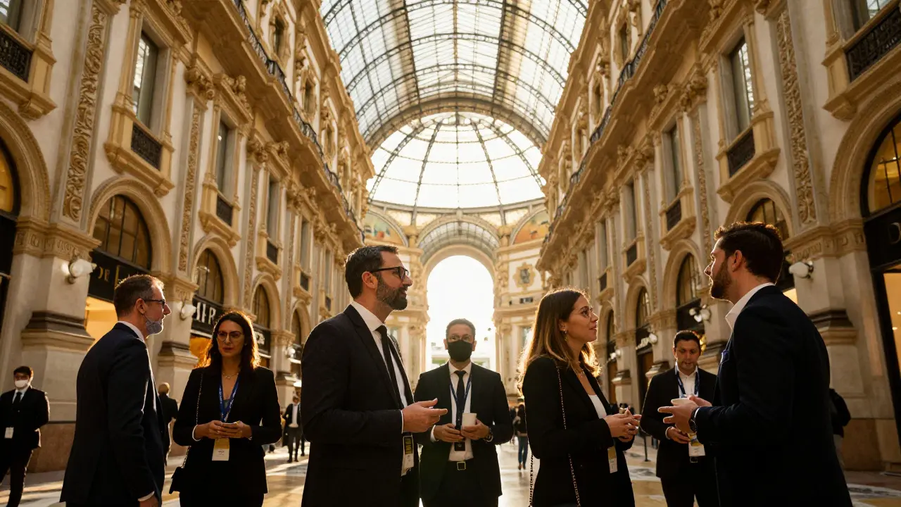 Professionals networking safely in Milan's Galleria