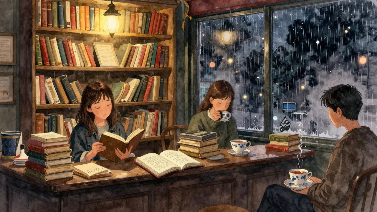 Quiet bookstore bar at night with a reader aloud, others sipping tea in silent contemplation.