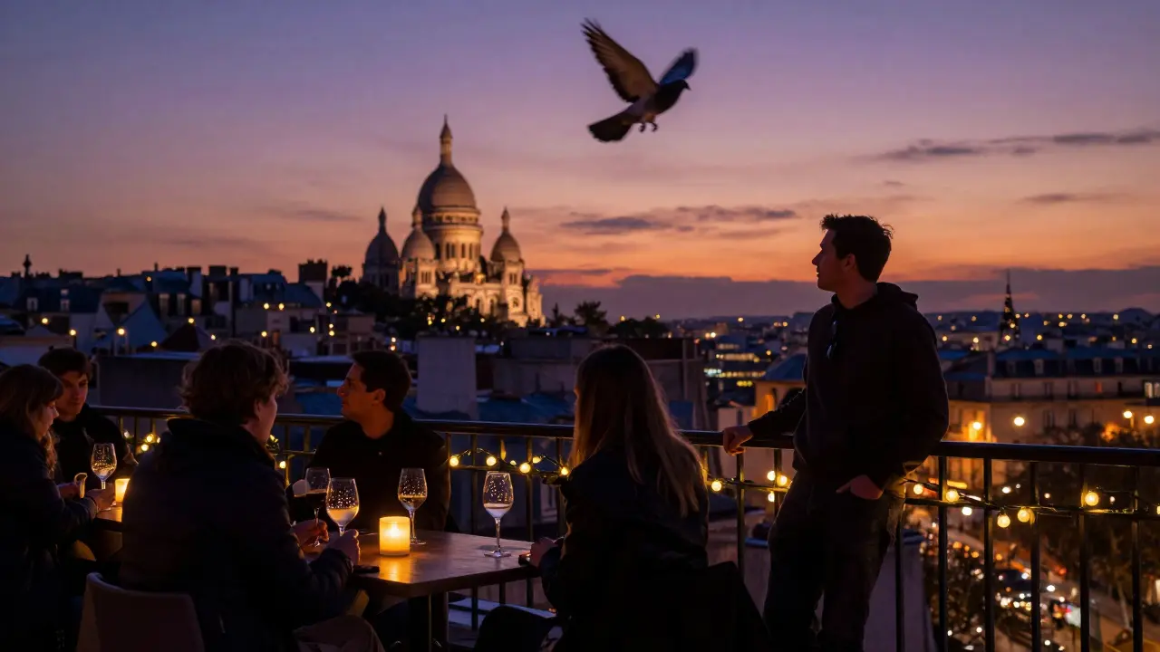 Rooftop bar at dusk with Paris skyline and Montmartre glowing behind people enjoying drinks under fairy lights.