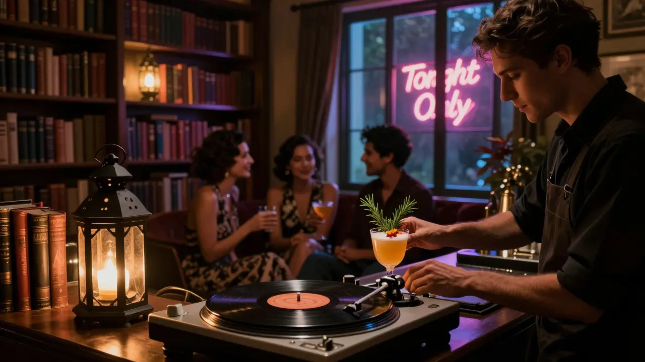 Secret pop-up bar inside a cozy library with vinyl records and candlelight.