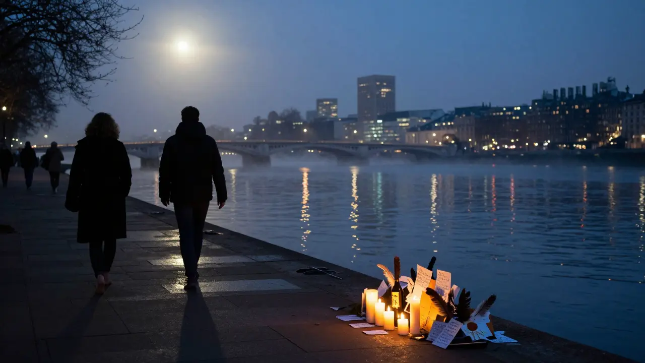 Silhouettes walking barefoot along the Thames at night, candles glowing at a riverside shrine.