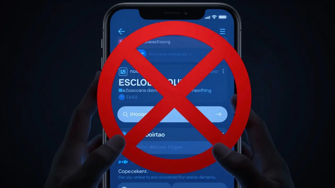 Smartphone with red X over web patterns, shadowy hands