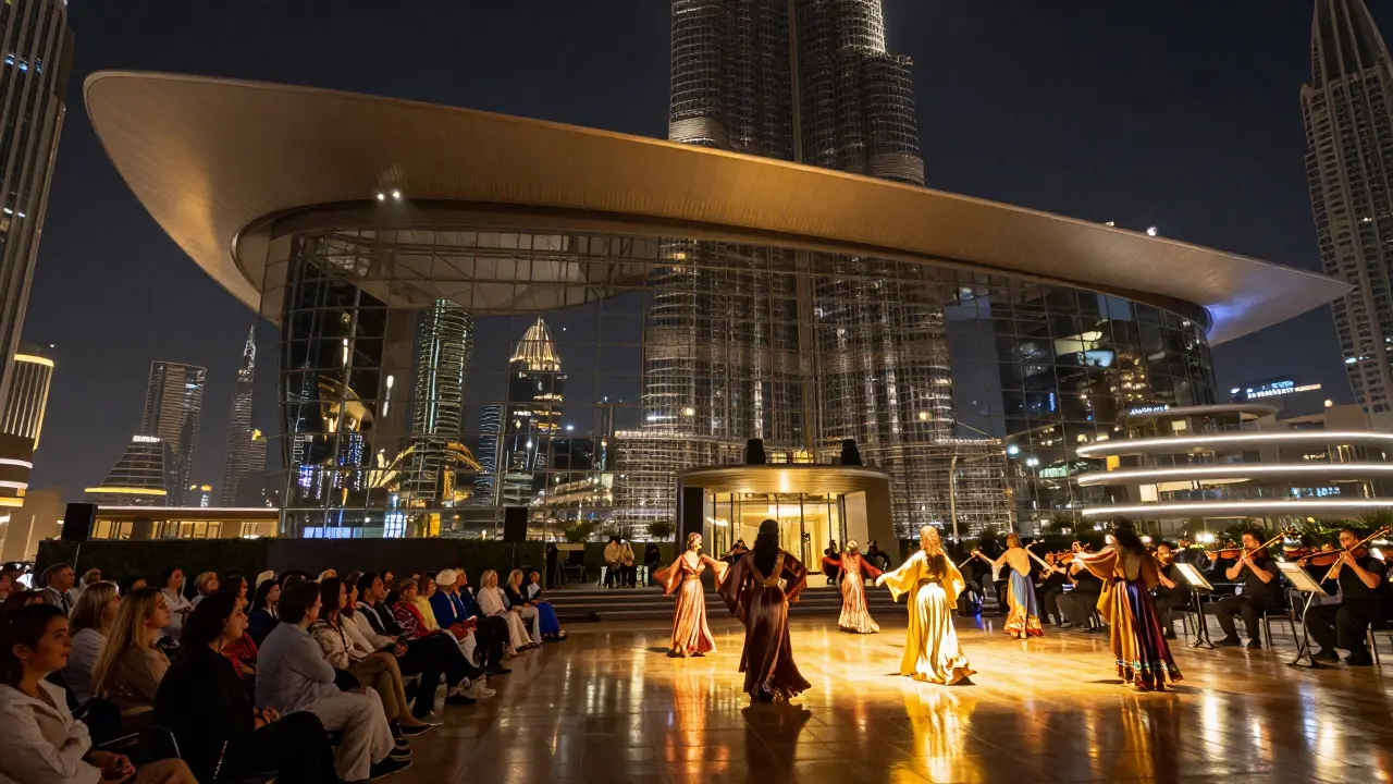 The Dubai Opera at night, reflecting the Burj Khalifa, as dancers perform a modern Arabic folk opera under golden stage lights.