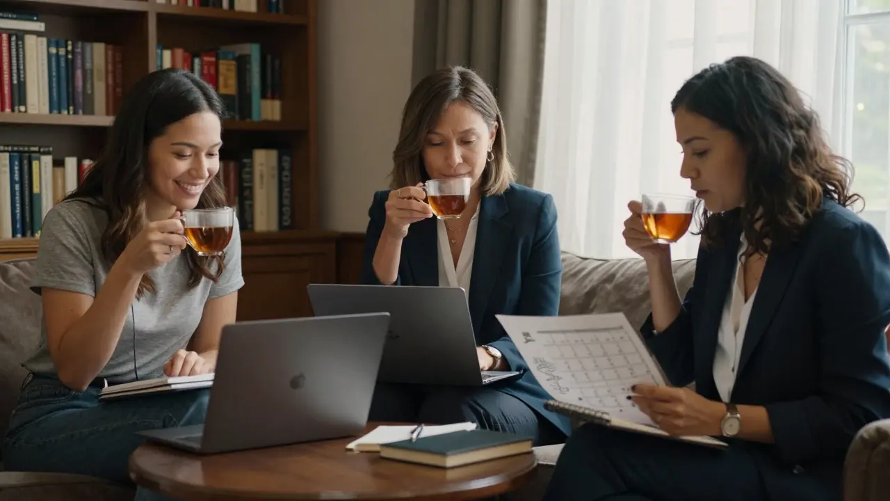 Three former escorts relaxing together in a cozy lounge, sharing stories and planning future travels.