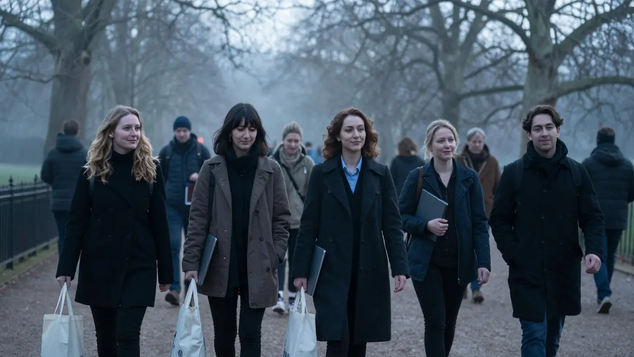 Three independent escorts walk peacefully through Hyde Park at dawn, unnoticed by the busy city around them.