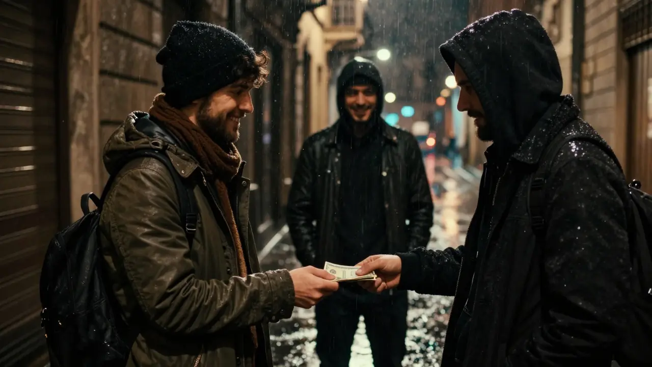 Tourist being scammed in a Milan alley at night