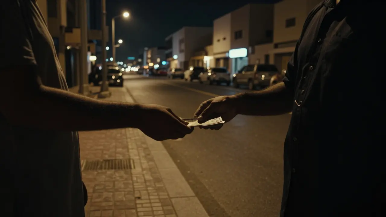 Tourist exchanging cash with suspicious figure in Dubai street at night.