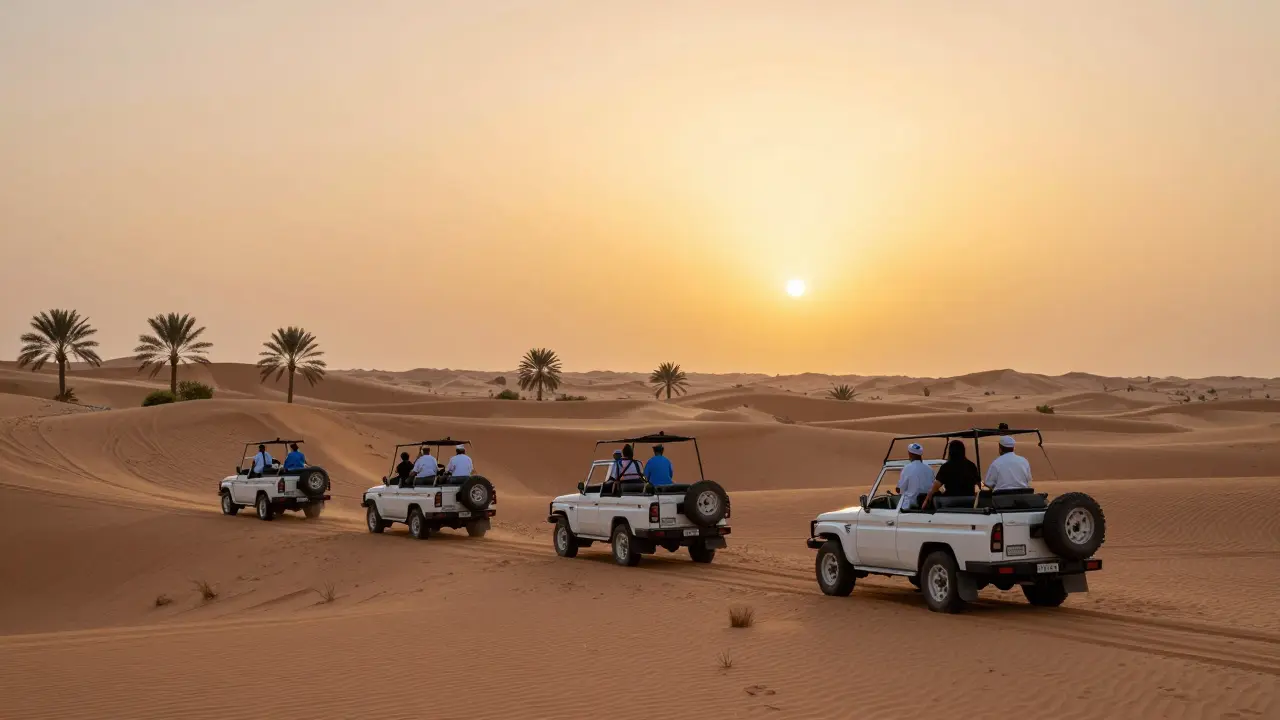 Tourists on desert safari at sunset in Dubai