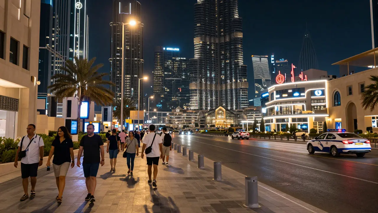 Tourists walking safely in Downtown Dubai with police presence