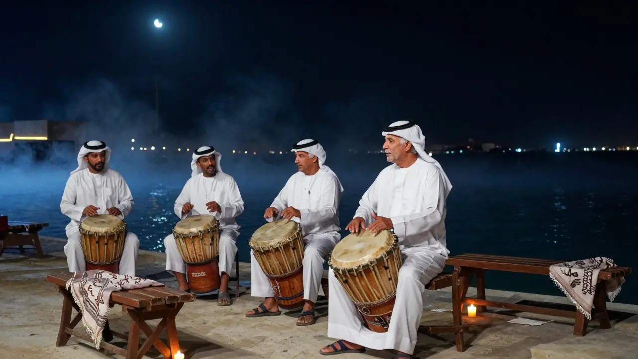 Traditional Emirati drummers and chanters performing by Dubai Creek under the moonlight, with mist rising from the water.