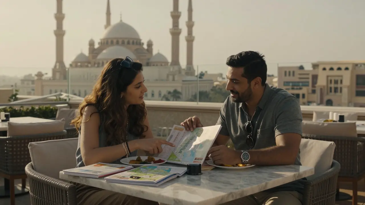 Two people dining at a rooftop lounge in Emirates Palace, sharing a meal and discussing maps, with the Sheikh Zayed Grand Mosque visible in the distance.