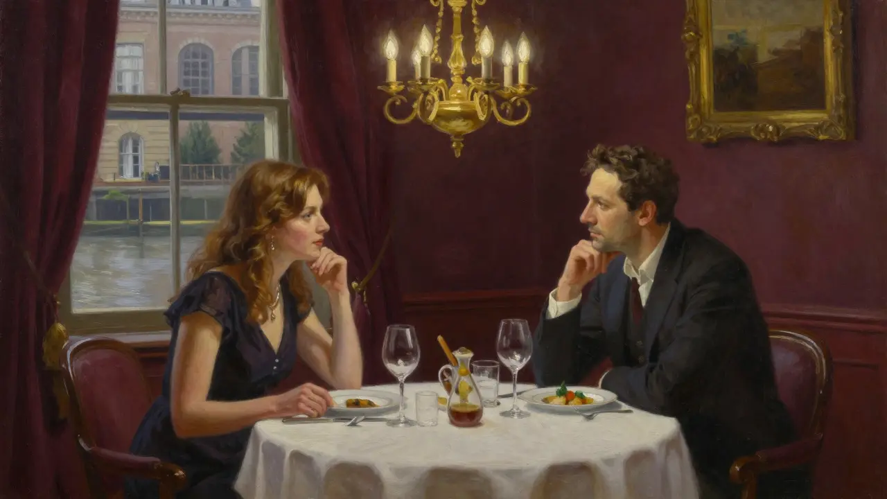 Two people enjoying an intimate dinner in a refined private dining room with vintage lighting.