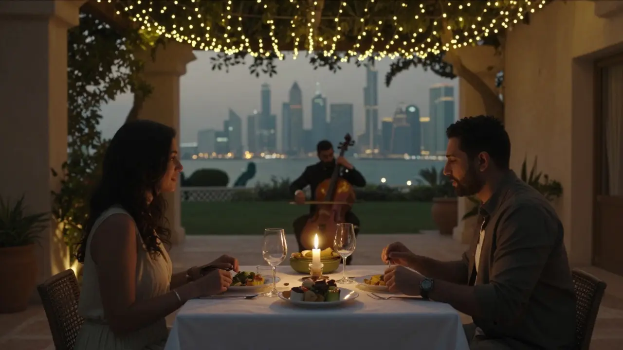 Two people share an intimate, silent dinner in a villa, accompanied by live Arabic jazz under fairy lights.