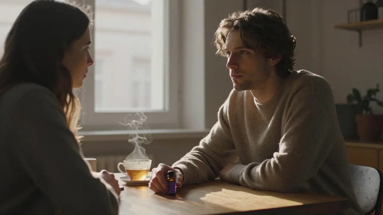 Two people sit across from each other in soft light, a vial of lavender oil between them as they listen in silence.