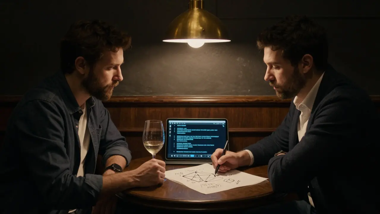 Two professionals talk quietly in a Soho back room, one sketching quantum computing ideas on a napkin.