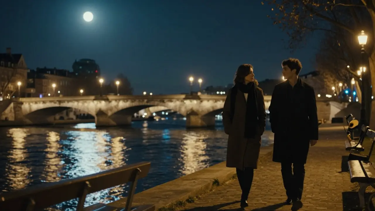 Two silhouettes walking peacefully along the Seine at night under glowing bridges, reflections shimmering on the water.