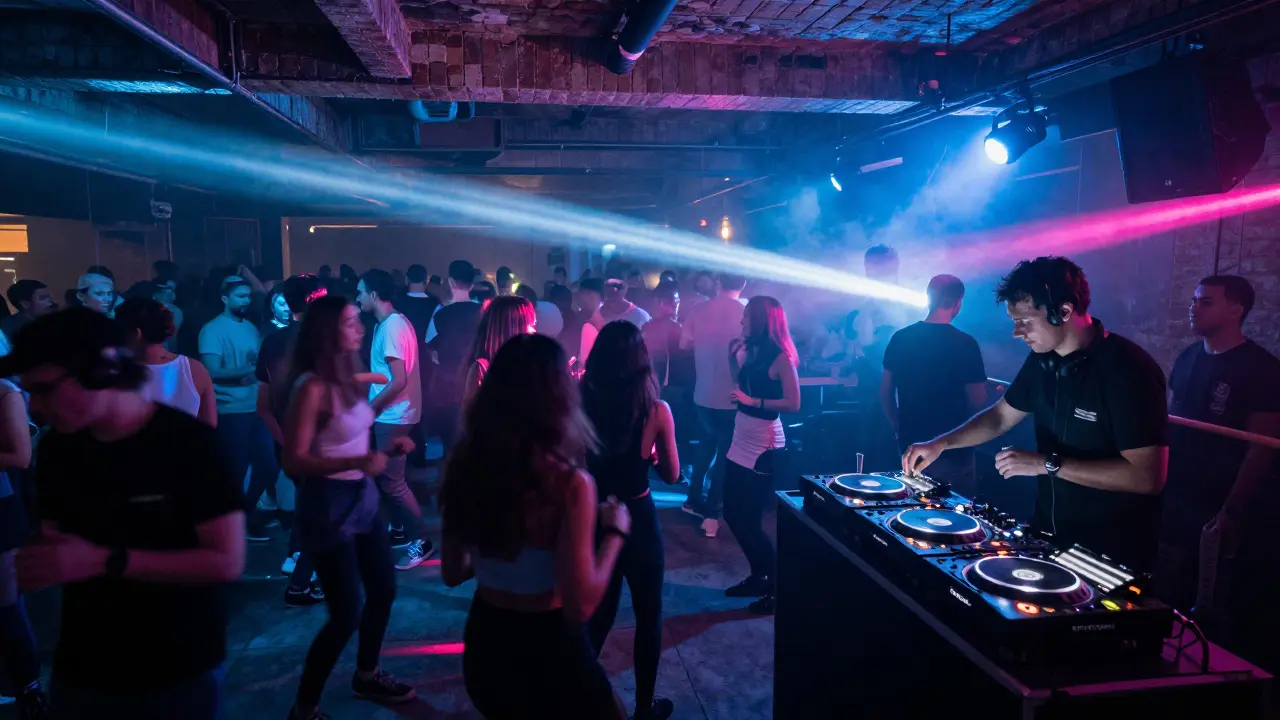 Underground club Ex Dogana at night, crowd dancing to techno under exposed brick ceiling and strobe lights.