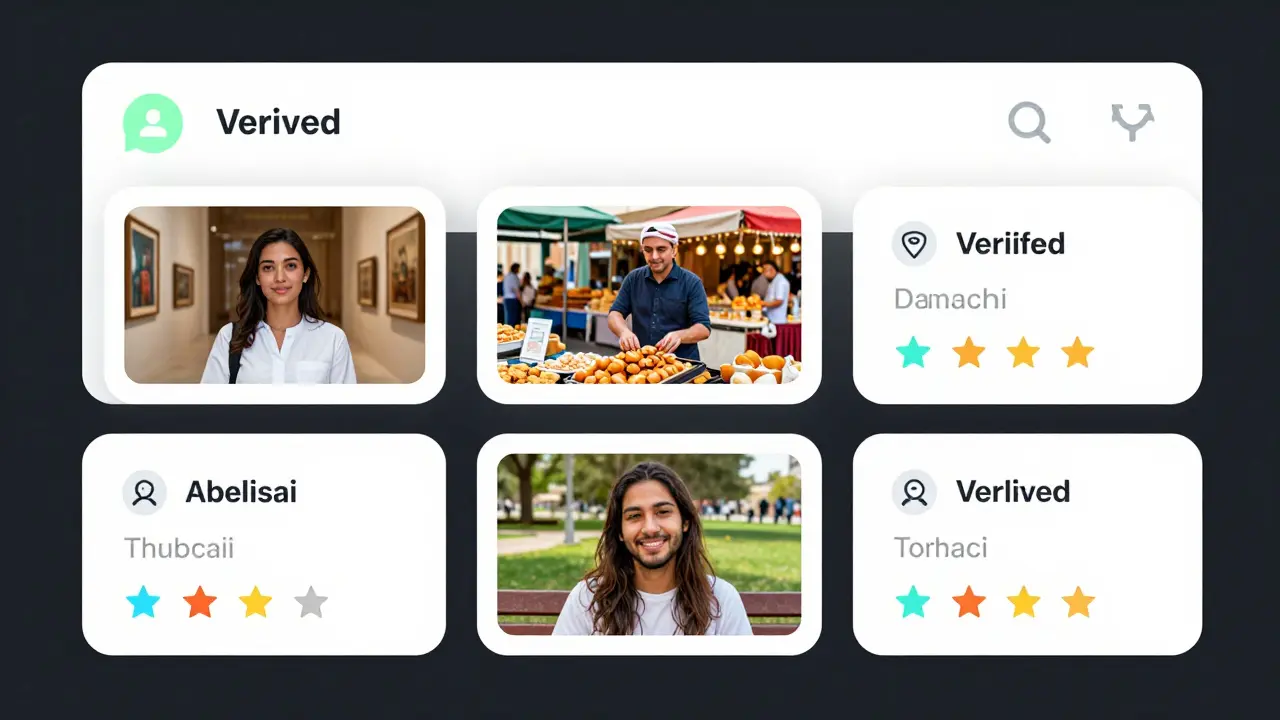 Verified companion profiles on a trusted platform, showing natural photos of people in real Abu Dhabi locations like museums and parks, with verification icons.