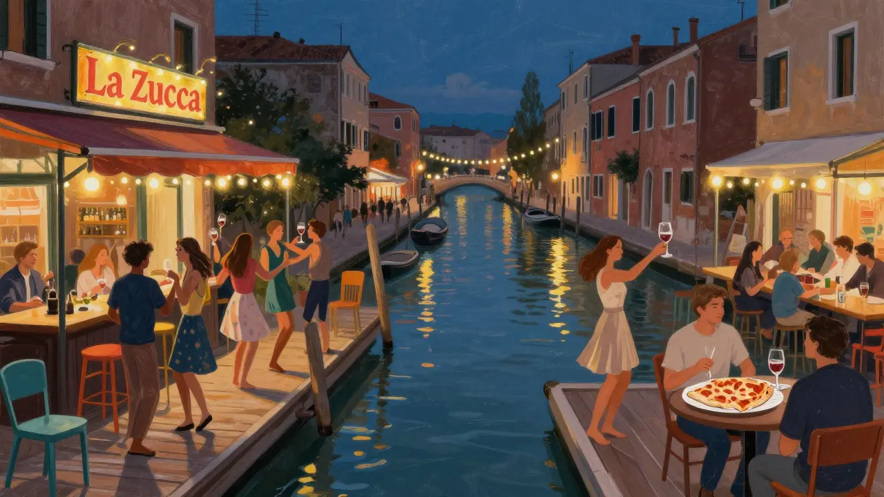 Vibrant canal-side bars in Navigli with people dancing on wooden docks under string lights.