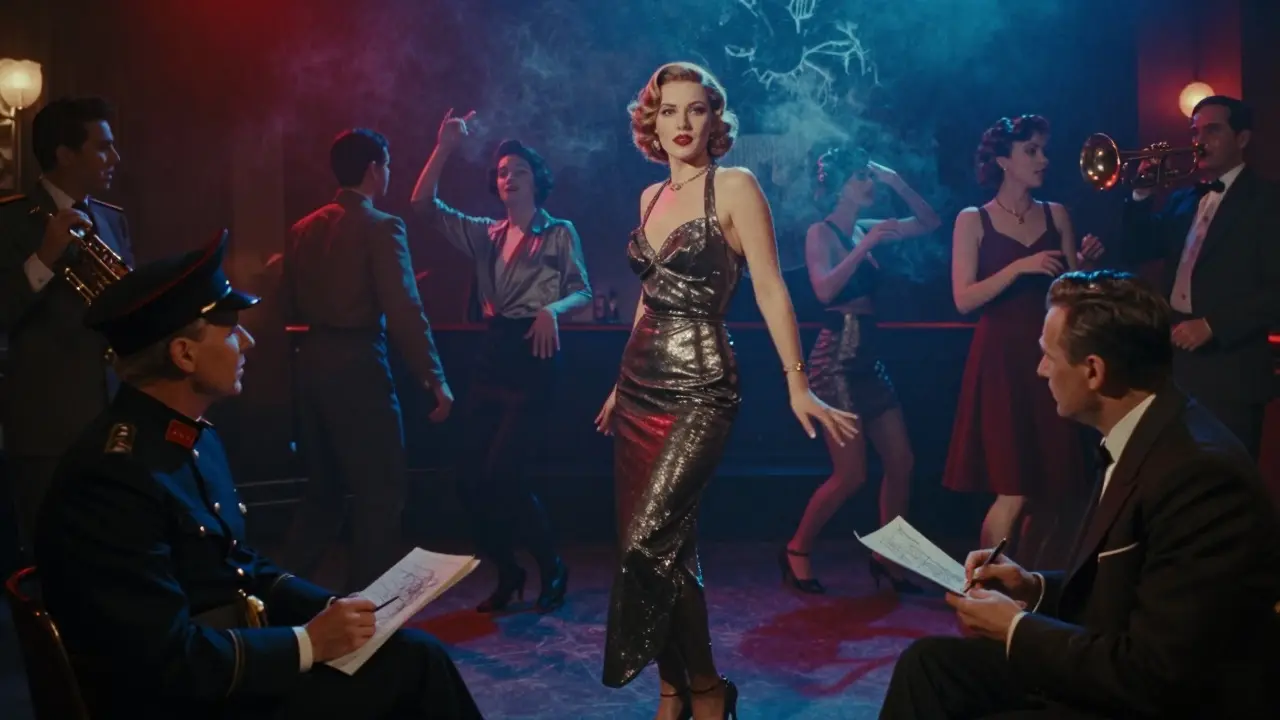 A 1920s Berlin nightclub performer under neon lights, surrounded by artists and spies in a vibrant, chaotic scene.