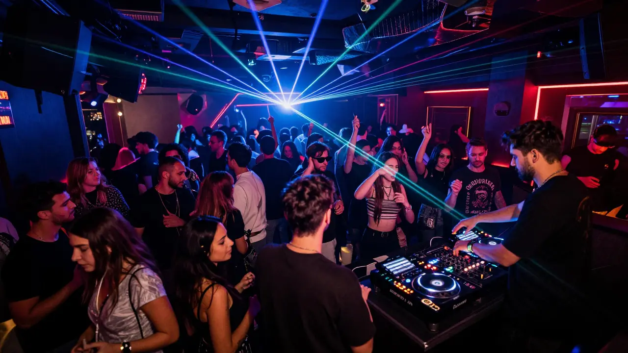 A bustling nightclub with dancers under neon lights and a DJ performing on stage.