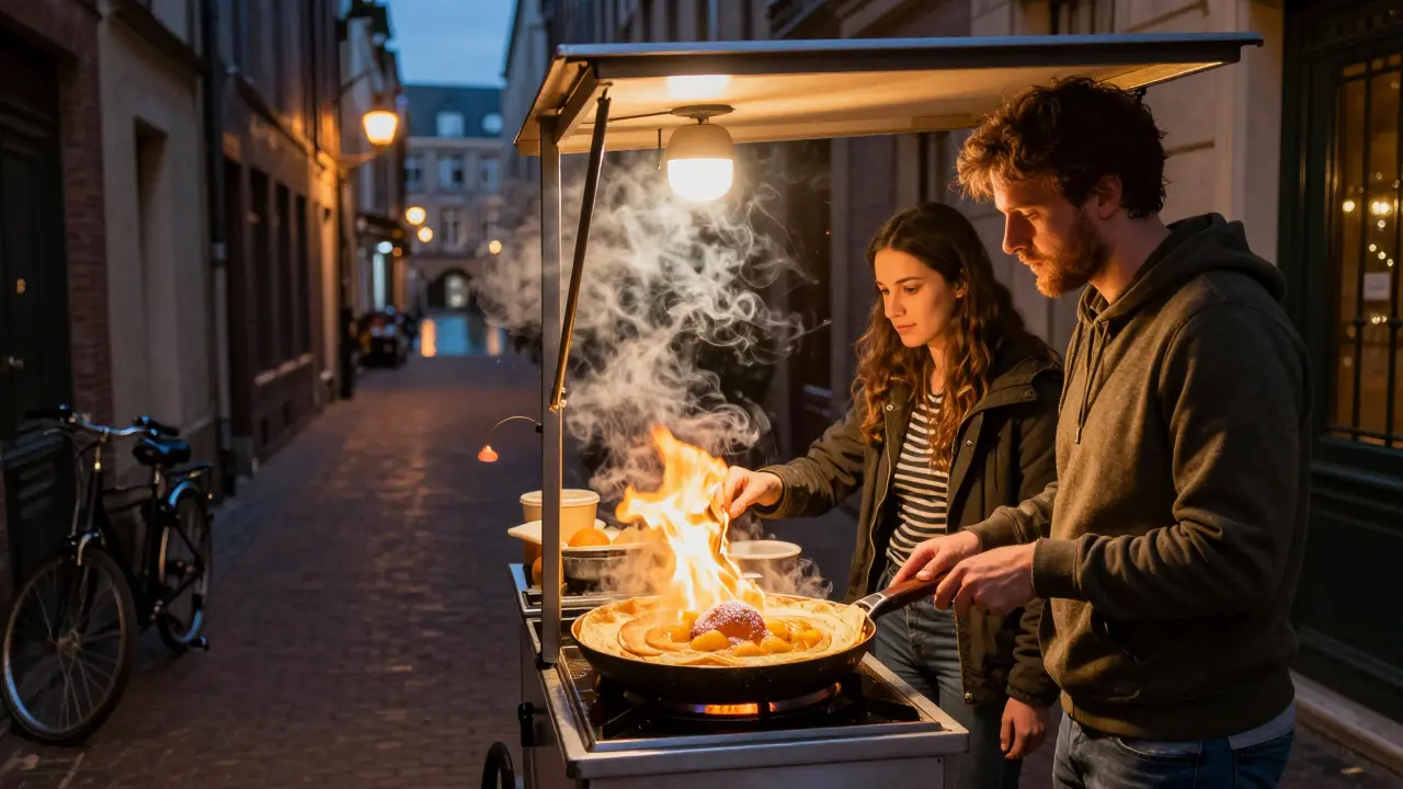 A food truck flambéing crêpes Suzette beside a canal at midnight, citrus smoke rising in the cool air.