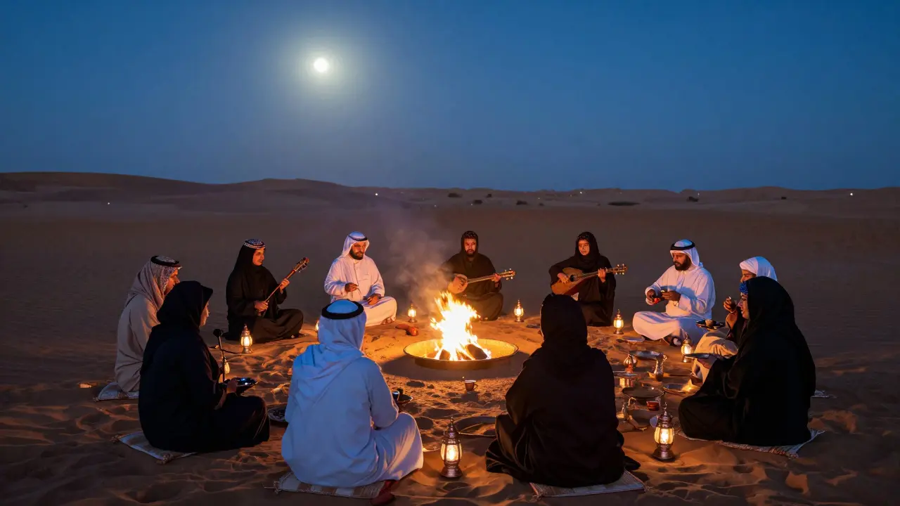 A full moon desert gathering with traditional attire and lanterns around a fire pit.