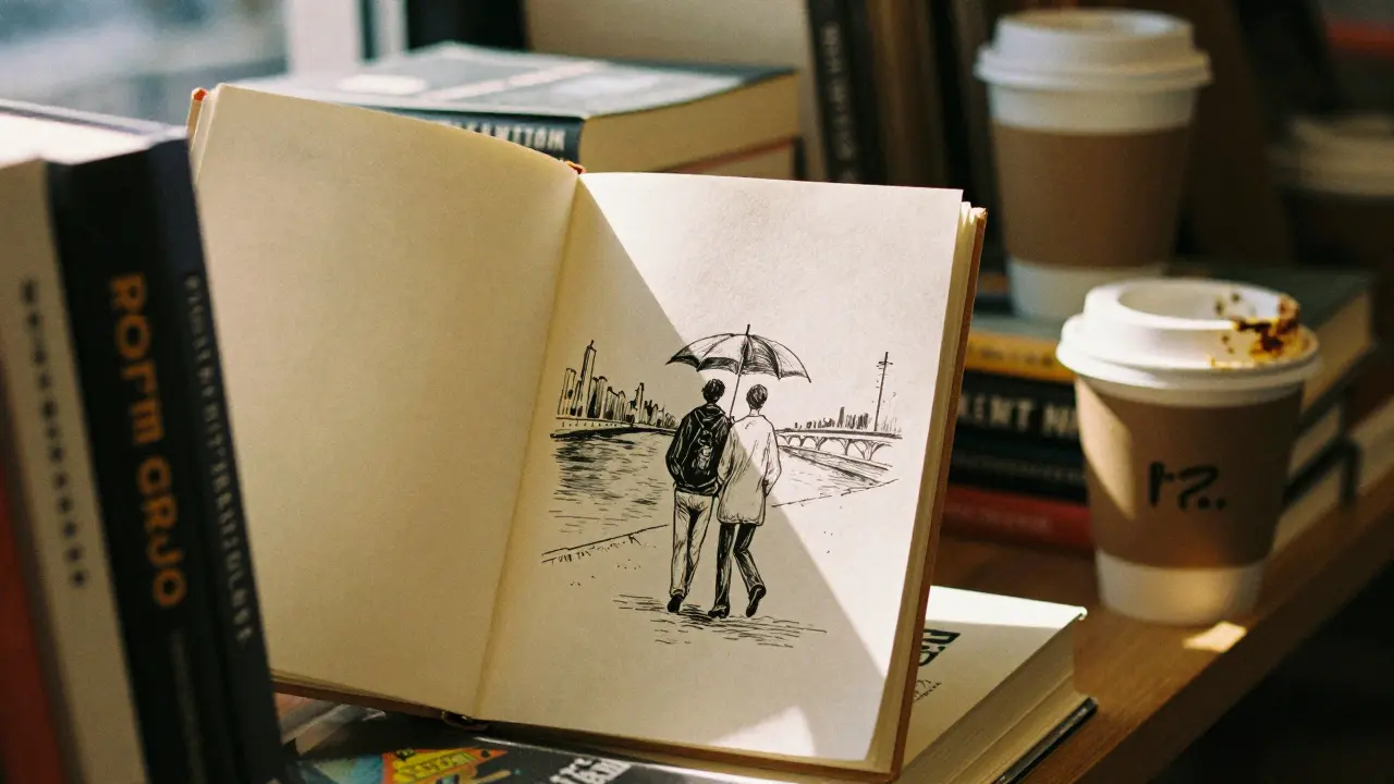 A handwritten note tucked inside a book at a Berlin independent bookstore, hinting at quiet human connection.