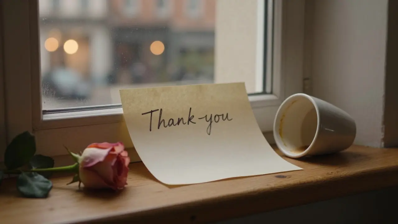 A handwritten thank-you note beside a rose on a windowsill, with Berlin city lights glowing softly in the background.