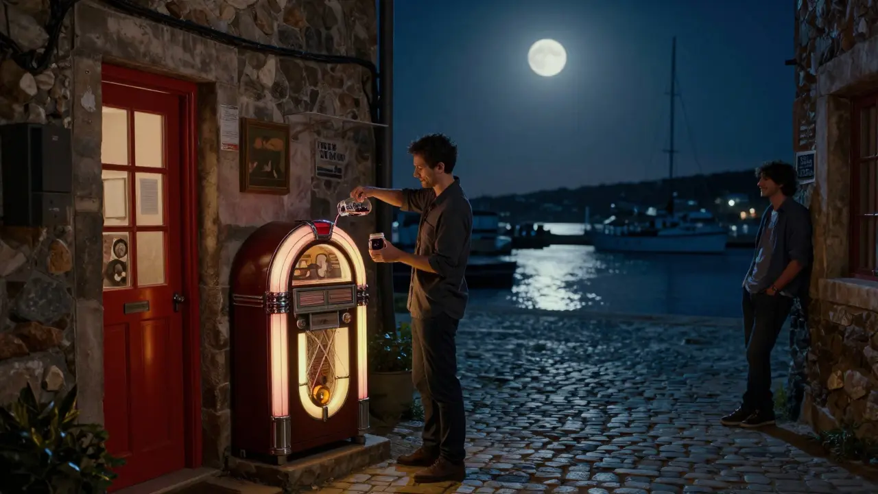 A hidden red door at Bar du Port with a bartender pouring wine into a mason jar under moonlight.