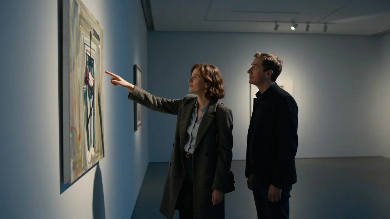 A knowledgeable companion pointing to an art installation in a silent Berlin gallery, a client listening in quiet awe.