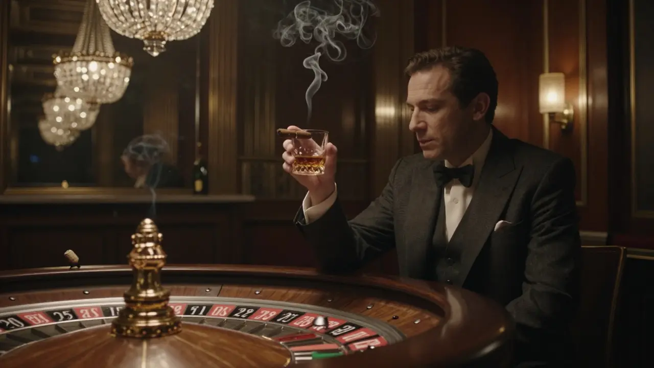 A lone man raising a whiskey glass in the moody Art Deco interior of Le Bar Americain, crystal chandeliers casting soft amber light.