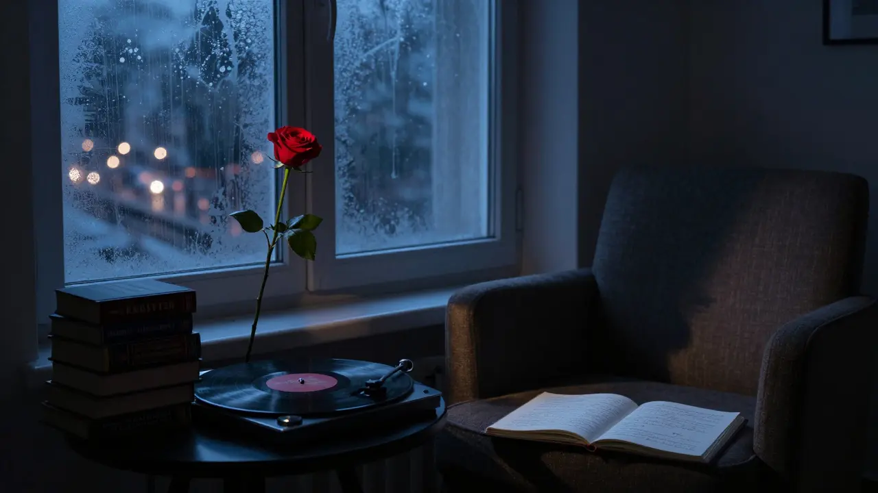 A lone red rose on a windowsill in a Cold War-era Berlin apartment, symbolizing secrecy and silent connection.