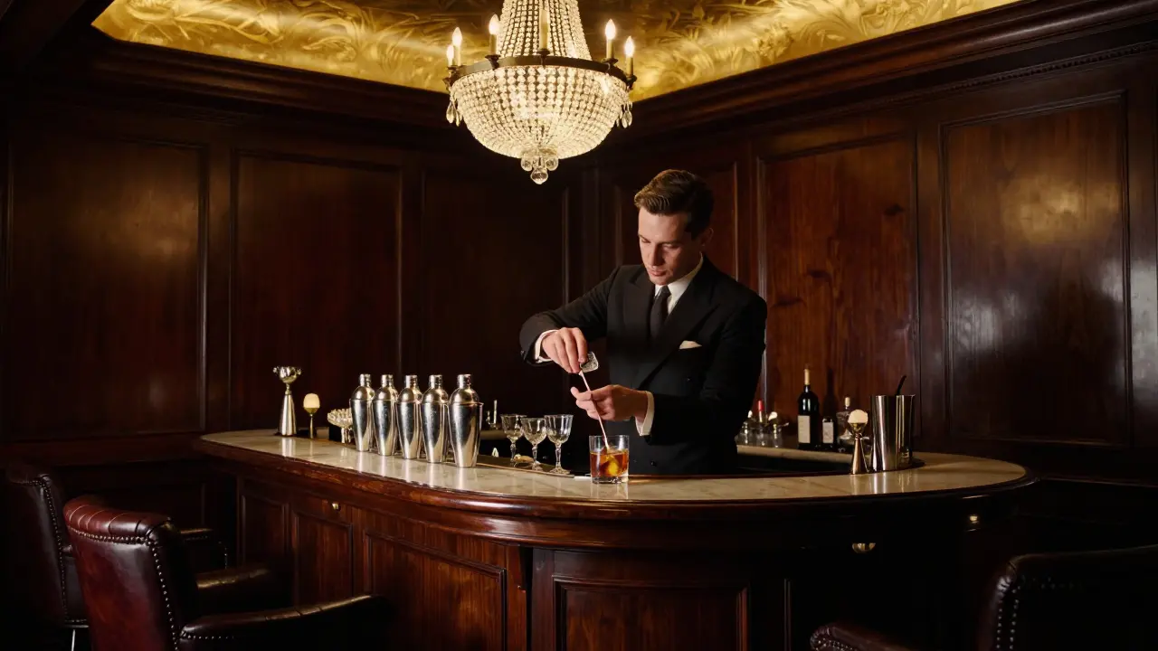 A luxurious bar with leather chairs and crystal chandeliers, where a bartender carefully prepares a classic cocktail.