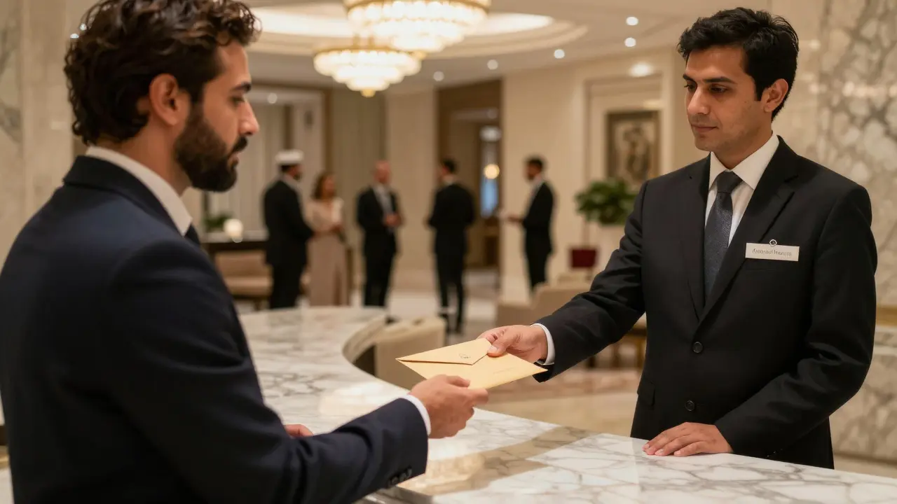 A luxury hotel concierge discreetly delivering a sealed envelope to a guest in a grand lobby.
