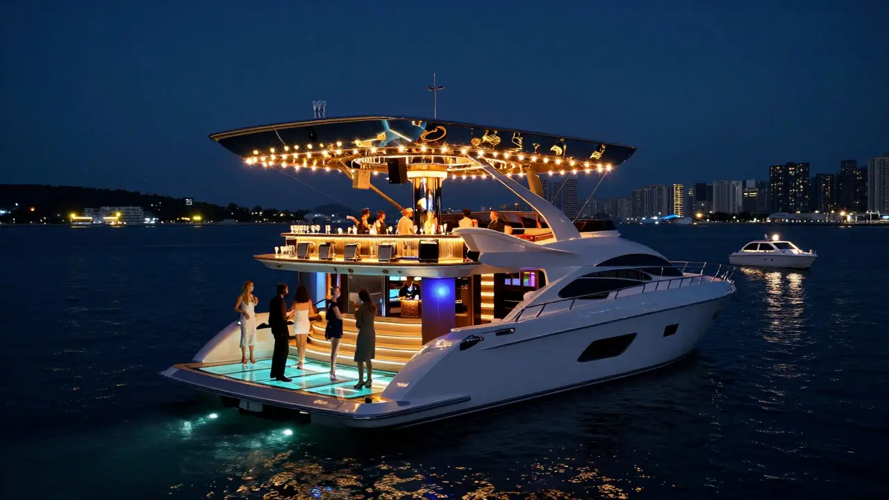 A luxury yacht nightclub with a glass dance floor over the sea, glowing lights, and the Monaco skyline reflected in the night water.