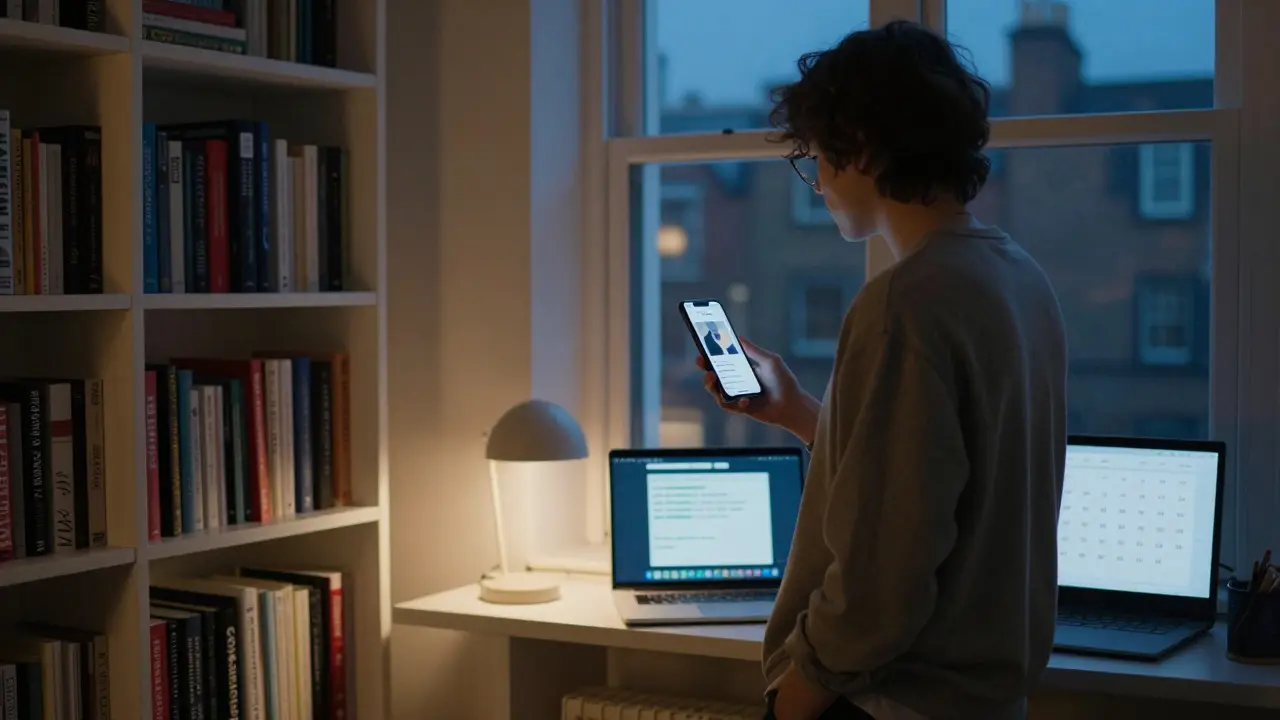 A person in Camden using a smartphone with a discreet social media profile, surrounded by books and soft indoor lighting.
