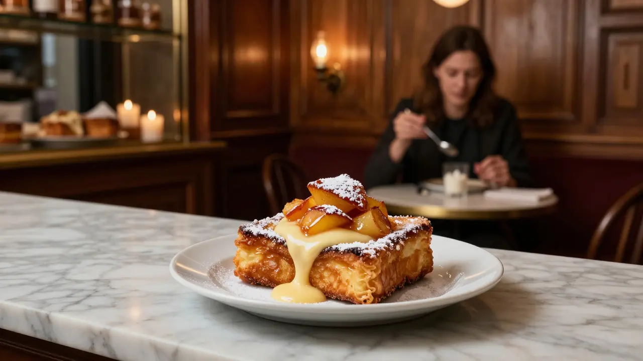 A plate of warm French toast with caramelized apples at Stohrer’s historic pastry shop at midnight.